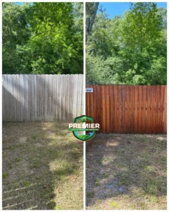 A side-by-side comparison of a weathered wooden fence before and after pressure washing and staining, with the Premier Lawn & Pressure Washing logo in the center.