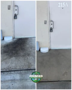 Before and after comparison of a concrete entryway cleaned by Premier Lawn & Pressure Washing.