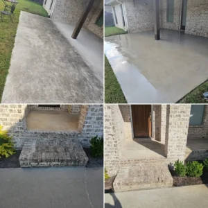 Before and after comparison of a concrete patio and brick entryway showing the results of pressure washing.