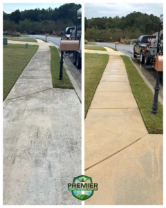 Before and after comparison of a concrete sidewalk showing the results of pressure washing, with the Premier Lawn & Pressure Washing logo at the bottom.