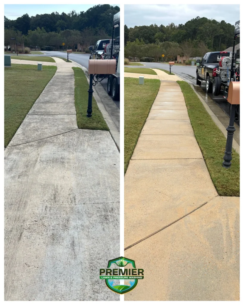 Before and after comparison of a concrete sidewalk showing the results of pressure washing, with the Premier Lawn & Pressure Washing logo at the bottom.