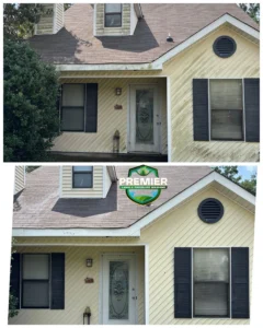 Before and after comparison of a yellow house exterior showing the removal of dirt and grime from the siding after pressure washing.