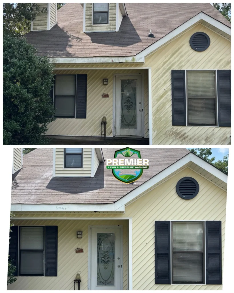 Before and after comparison of a yellow house exterior showing the removal of dirt and grime from the siding after pressure washing.