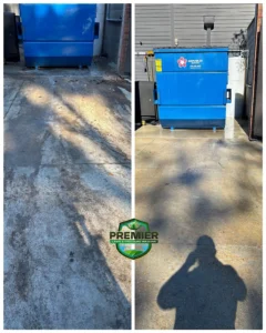 Before and after photos of a concrete pad cleaned by Premier Lawn & Pressure Washing, showing the area in front of a blue industrial dumpster.