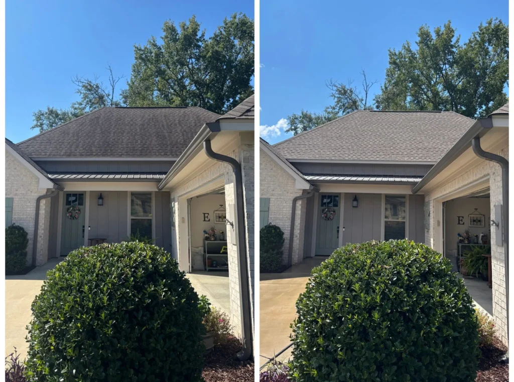 Before and after view of a house roof showing the removal of dark stains from the shingles after a cleaning service.
