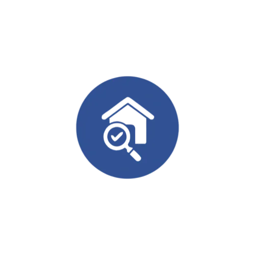 A blue circle containing a white icon of a house and a magnifying glass with a check mark.