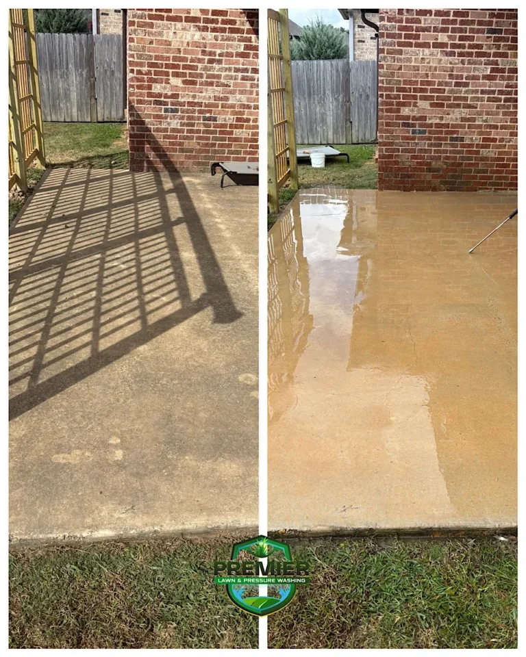 Before and after comparison of a concrete patio being cleaned with a pressure washer.