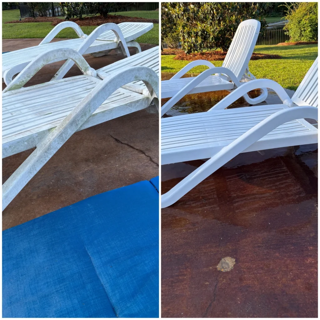 Before and after picture of cleaning HOA pool chairs at a subdivision in Flowood, MS.