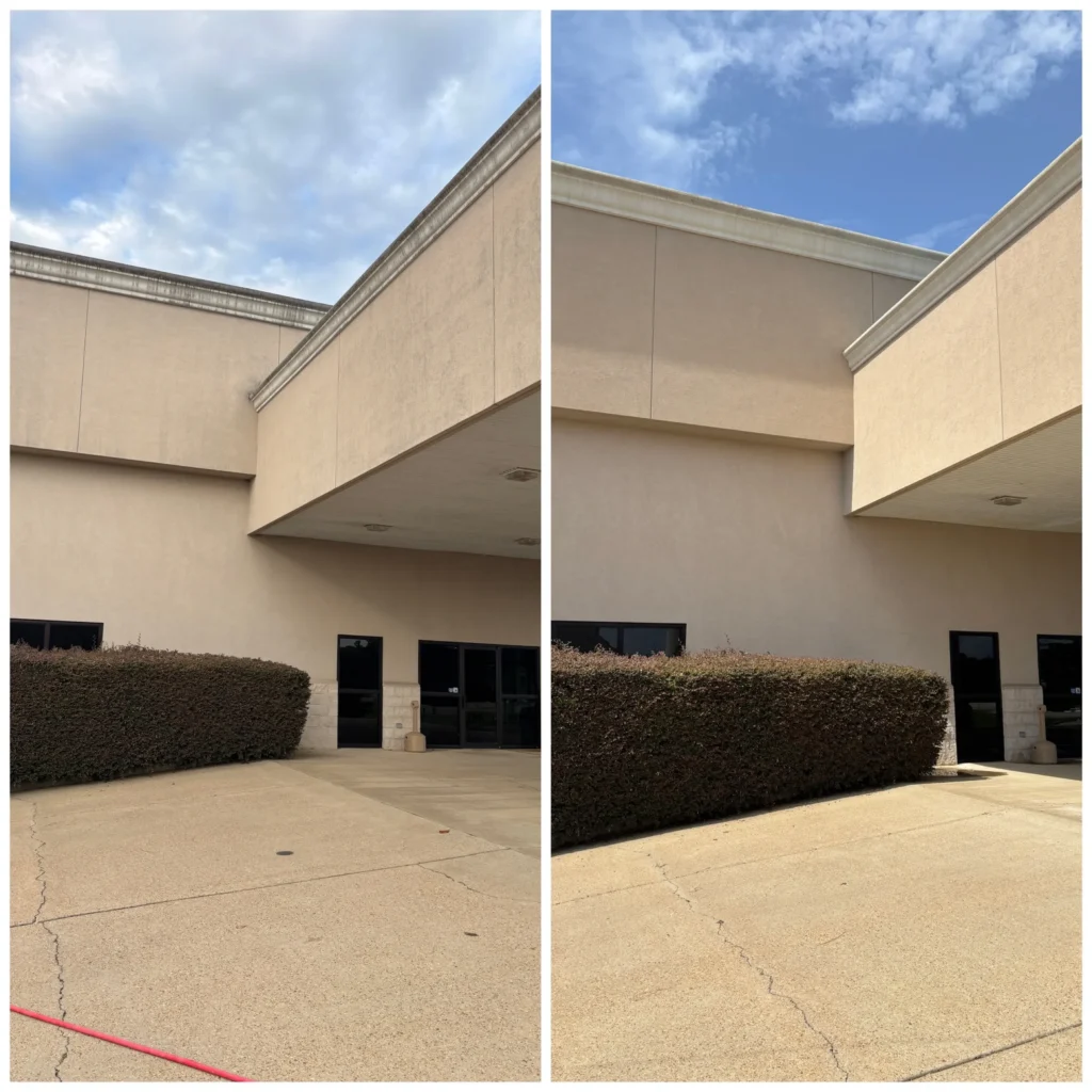 Before and after picture of commercial building wash in Jackson, MS.