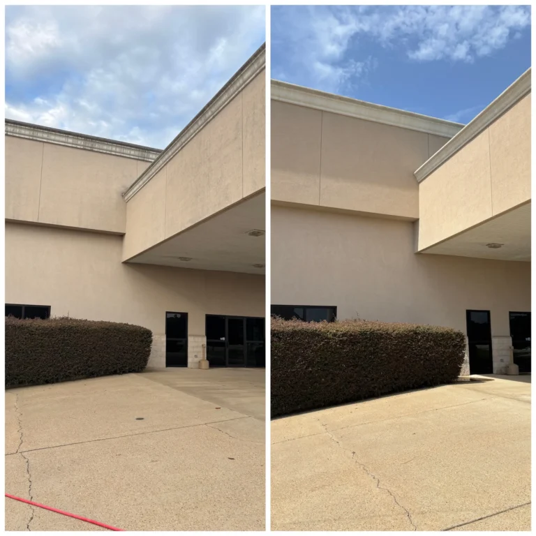 Before and after picture of commercial building wash in Jackson, MS.