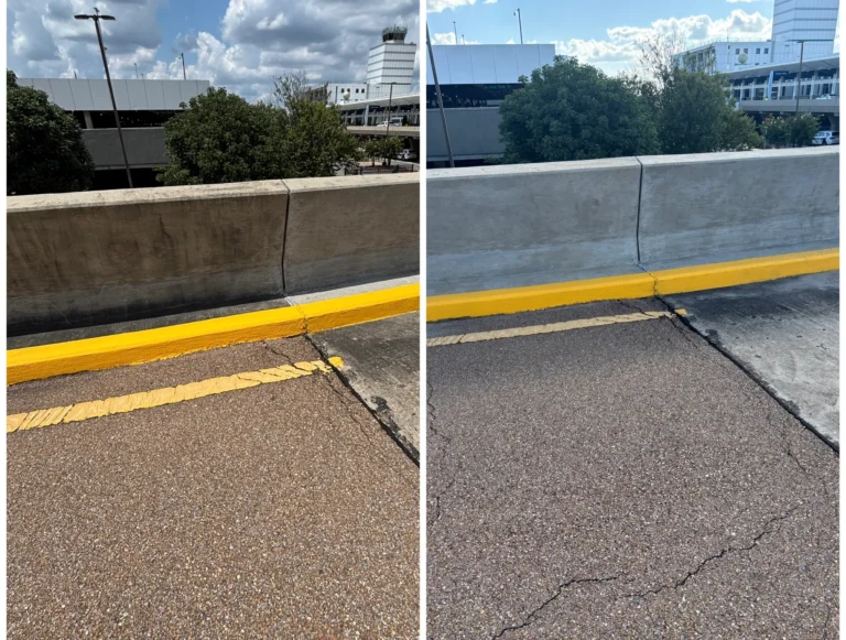 Before and after picture of pressure washing concrete barrier at Jackson International Airport.