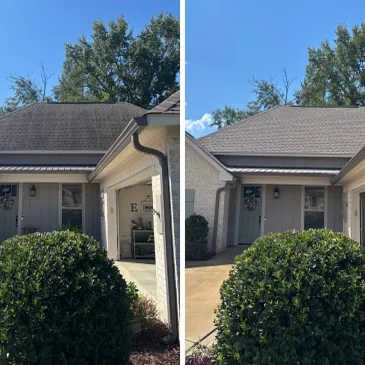 Before and after cleaning asphalt shingles on a roof.