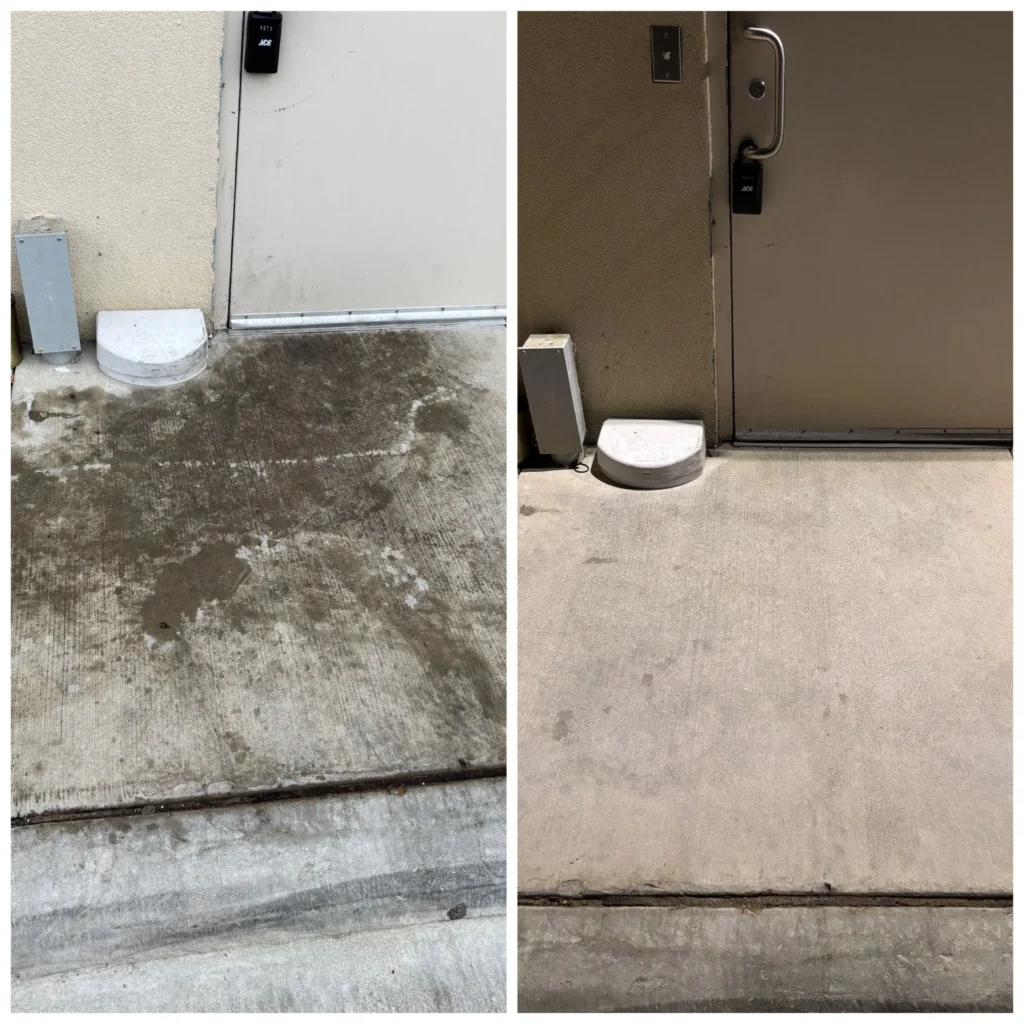 Before and after picture of pressure washing dirty compared to the clean pressure washed concrete.