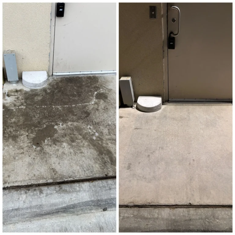 Before and after picture of pressure washing dirty compared to the clean pressure washed concrete.