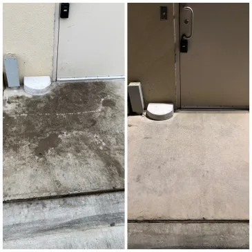 Before and after concrete cleaning at a restaurant.