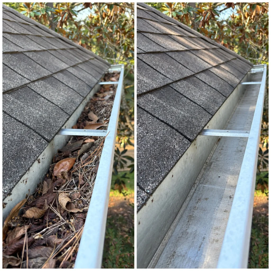 Before and after picture of debris cleaned out of gutters in Brandon, MS.