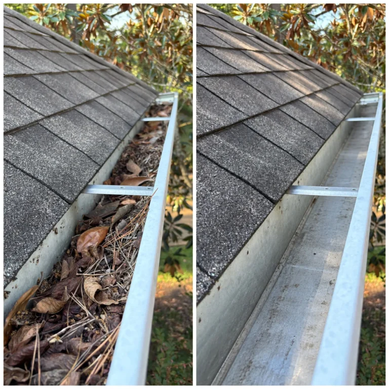 Before and after picture of debris cleaned out of gutters in Brandon, MS.