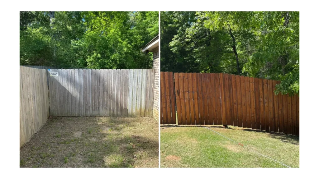 Before and after a fence cleaning service in Brandon, MS.