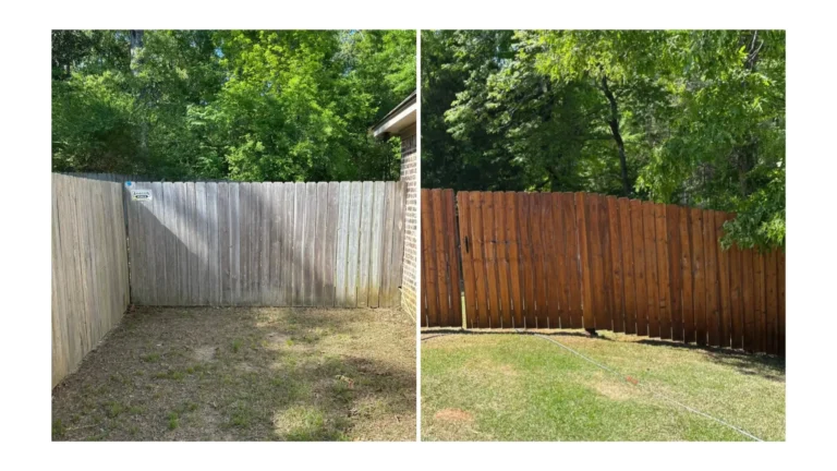 Before and after a fence cleaning service in Brandon, MS.