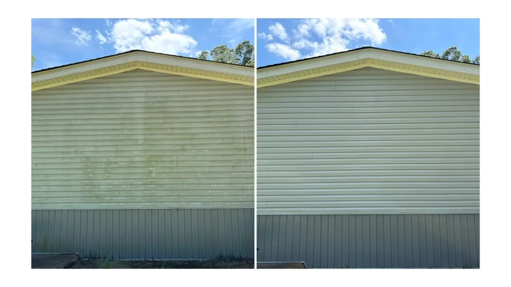 Before and after a house washing service in Brandon, MS.
