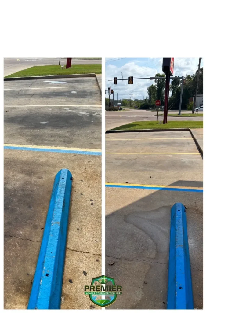Before and after picture of a parking stall cleaned with pressure washing.