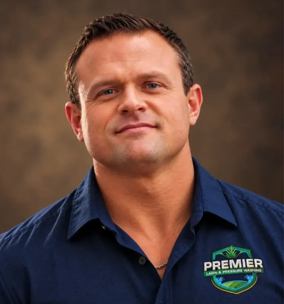 A man in a navy blue collared shirt with a Premier Lawn & Pressure Washing logo on the chest.
