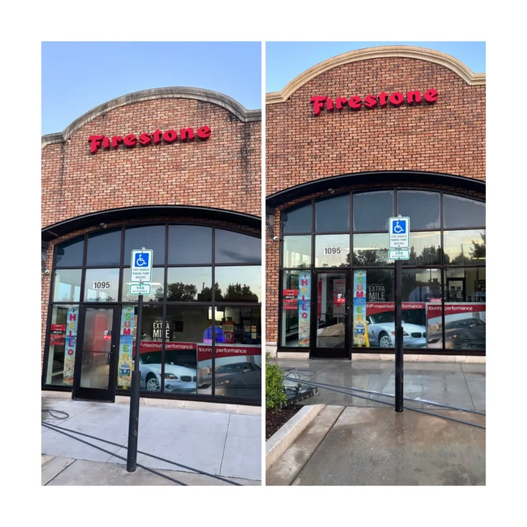 Before and after picture of commercial building wash in Madison, MS.