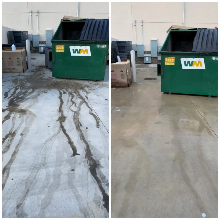 Before and after cleaning concrete at a dumpster pad.