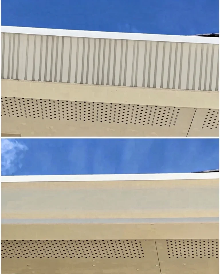 Before and after picture of gutter brightening in Brandon, MS near the Rez.