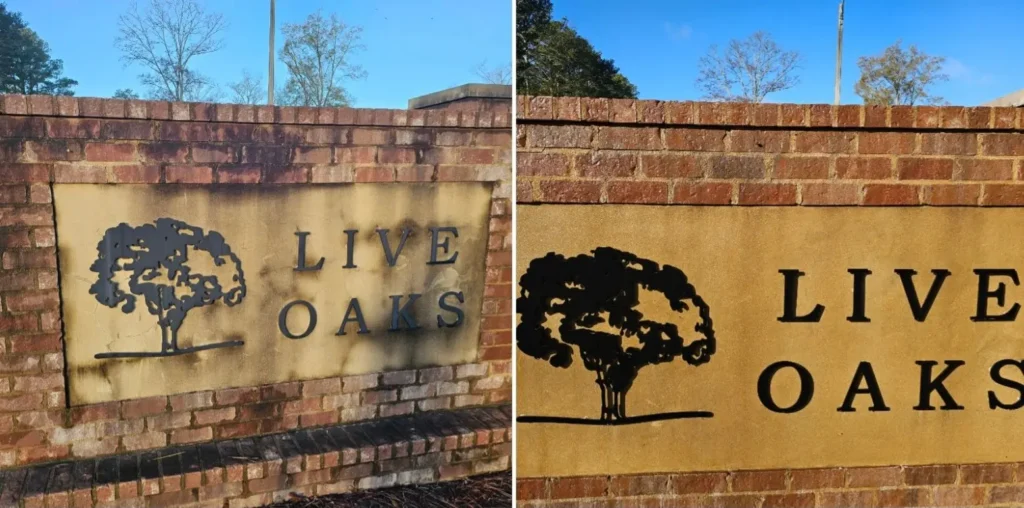 Before and after picture of cleaning a subdivision entry sign.