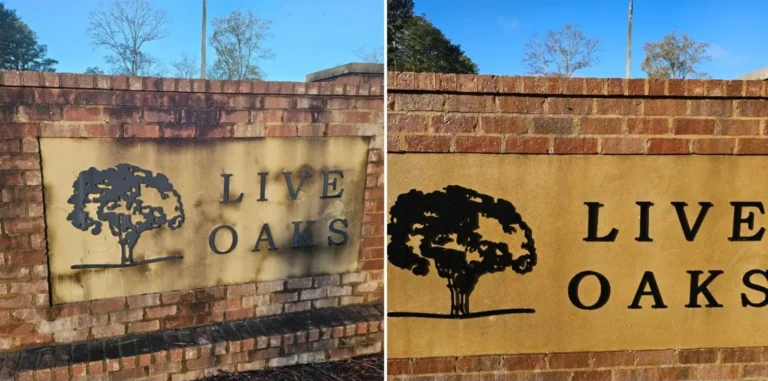 Before and after picture of cleaning a subdivision entry sign.
