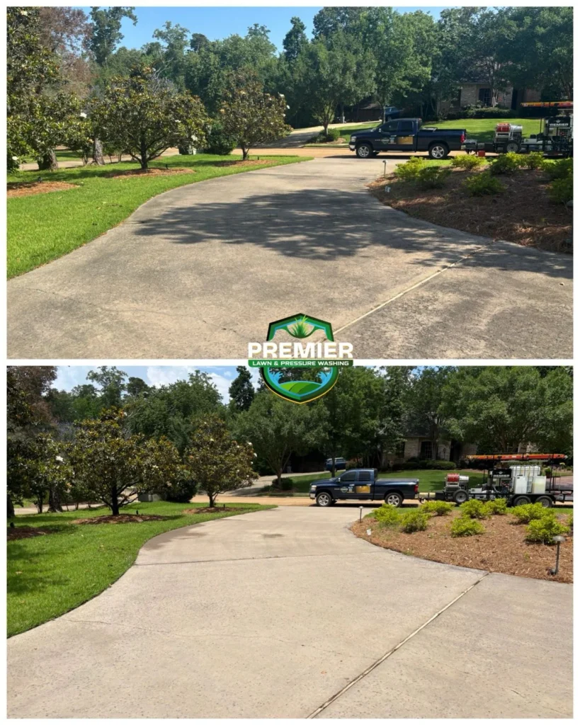 Before and after picture of a driveway cleaning in Flowood, MS.