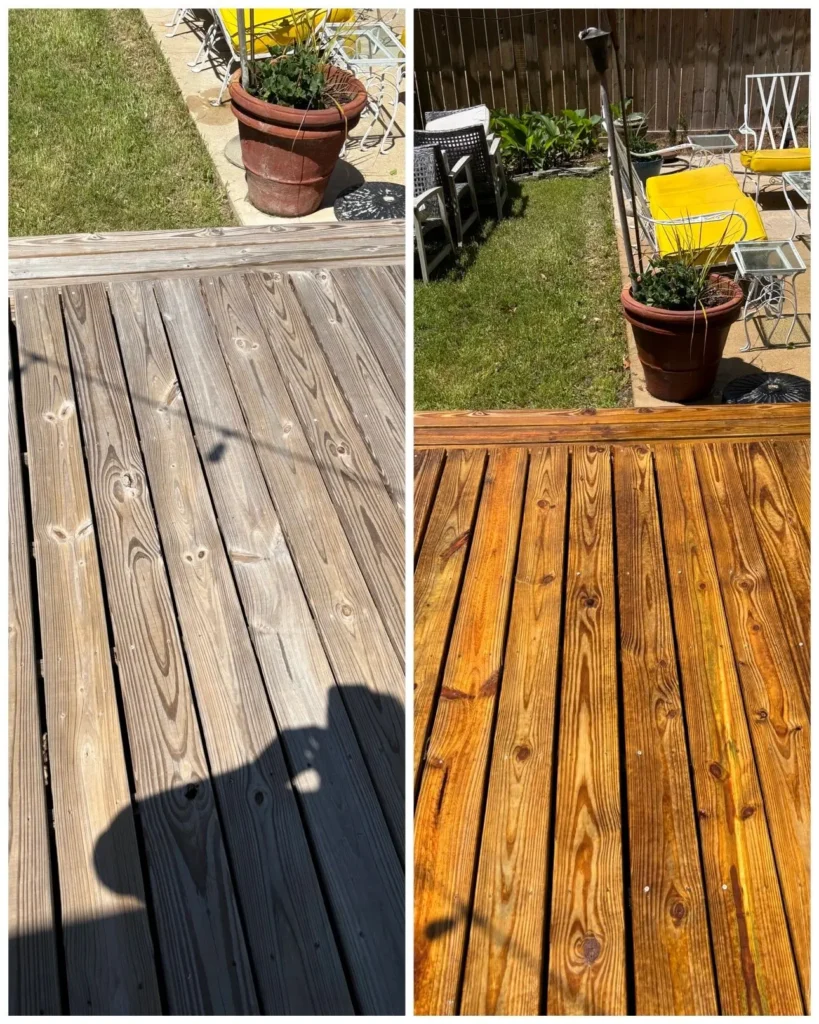 Before and after picture of wood deck cleaning and brightening.
